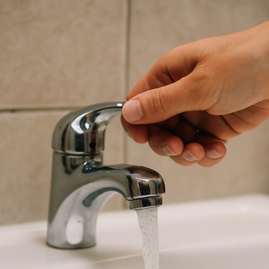 Hand turning on a faucet with water flowing into a sink.